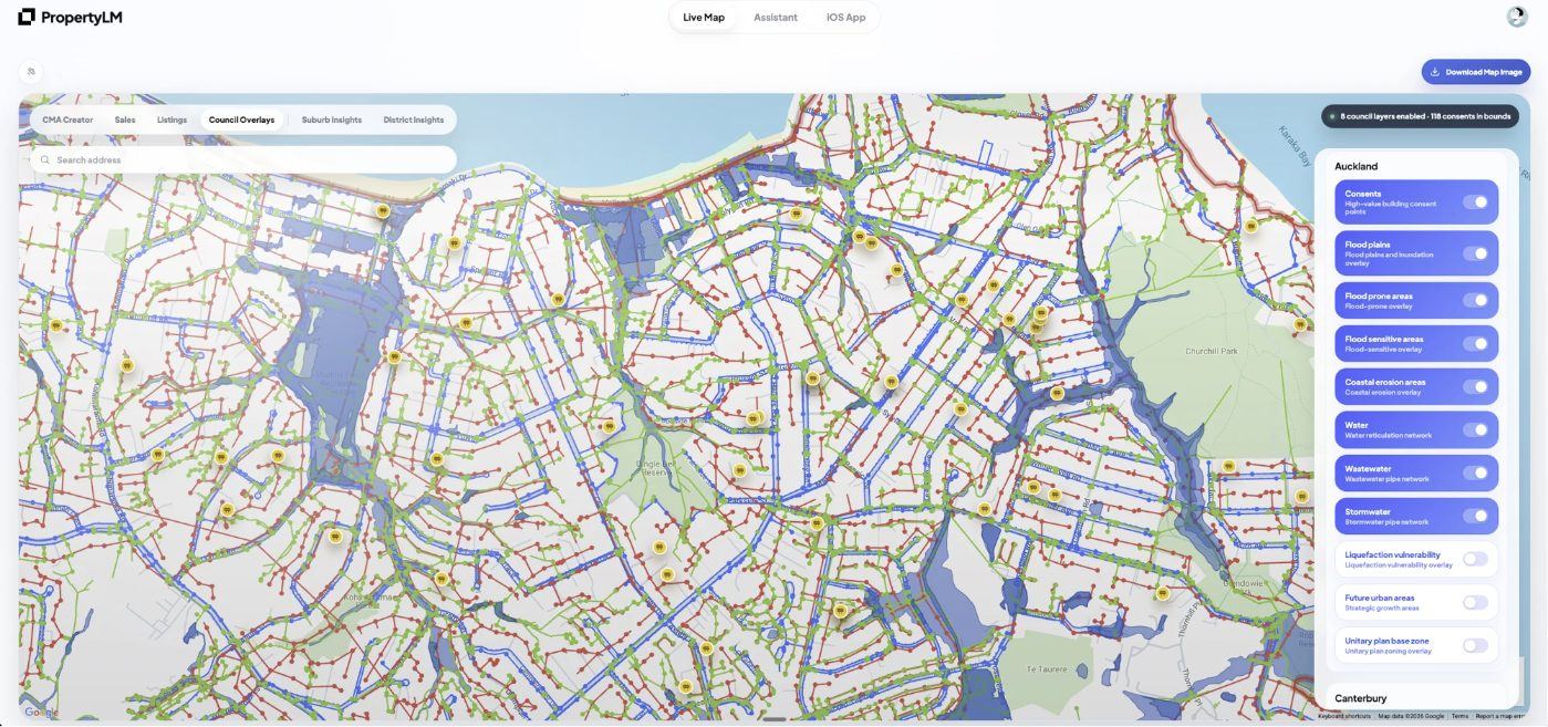 PropertyLM Live Map with council overlays